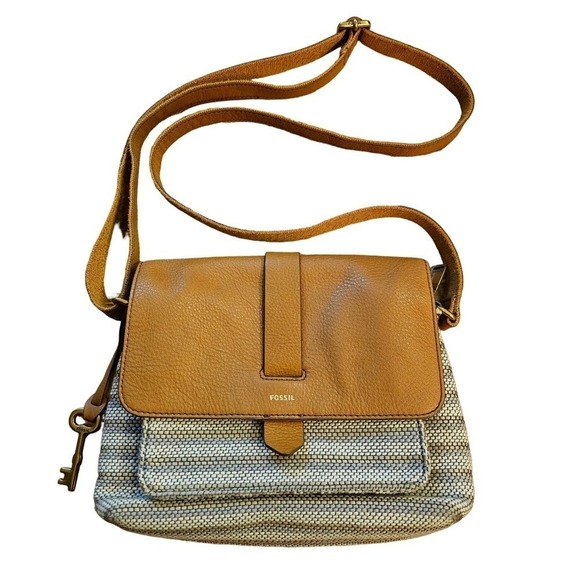 Fossil Textile n Cowhide soft leather crossbody. Beige. Boho. Hippie. Romantic. - Picture 1 of 13